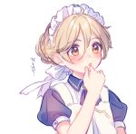  1girl apron black_dress blonde_hair blush bow brown_eyes dress ensemble_stars! genderswap genderswap_(mtf) grey_background hair_bow hair_bun looking_to_the_side maid maid_apron maid_headdress mashiro_tomoya open_mouth rinndouk solo translation_request white_apron white_bow white_headdress 