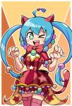  1girl absurdres ahoge animal_ears aqua_eyes aqua_hair blue_eyes blue_hair blush cat_ears claw_pose dress fang hair_between_eyes hair_ornament hatsune_miku highres long_hair looking_at_viewer one_eye_closed open_mouth pom_pom_(clothes) project_sekai red_dress simple_background smile solo striped striped_dress thigh-highs twintails twitter_username very_long_hair vocaloid wonderlands_x_showtime_(project_sekai) wonderlands_x_showtime_miku zachu_(nyzt) zettai_ryouiki 