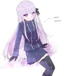  1girl arm_support artist_name belt black_gloves black_ribbon black_skirt black_thighhighs braid buttons cosplay danganronpa:_trigger_happy_havoc danganronpa_(series) double-breasted feet_out_of_frame gloves grey_hair hair_ribbon kirigiri_kyoko long_hair long_sleeves master_detective_archives:_rain_code miniskirt moyuchocolats pink_eyes ribbon side_braid single_braid skirt solo thigh-highs yuma_kokohead yuma_kokohead_(cosplay) 