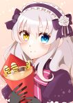  1girl absurdres black_gloves bow crepe double-parted_bangs eiyuu_densetsu flower_hairband food food_on_face gloves hair_between_eyes hair_bow hairband hajimari_no_kiseki heterochromia highres holding holding_food ice_cream_crepe kurukuru_kiseki lapis_rosenberg looking_at_viewer solo upper_body white_hair 