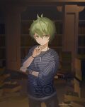  1boy absurdres amami_rantaro antenna_hair artist_name book book_stack bookshelf brown_pants closed_mouth cowboy_shot danganronpa_(series) danganronpa_v3:_killing_harmony ear_piercing green_eyes green_hair green_shirt hand_up highres indoors jewelry looking_at_viewer male_focus narudo narudo_(urhv8357) necklace pants piercing ring shirt short_hair solo striped striped_shirt 