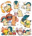 &gt;_&lt; ... :d absurdres animal_focus apple applin artist_name badge bandana berry_(pokemon) blue_bandana blue_eyes bow charmander cheri_berry clefairy clobbopus closed_eyes colored_skin commentary_request cutiefly cyndaquil drooling eating english_text fire flower food fruit green_bow green_skin grin highres kokashiho litwick multiple_views no_humans oran_berry pokemon pokemon_(creature) red_skin rotom rotom_(heat) simple_background sitrus_berry sleeping smile solid_oval_eyes standing stuffed_toy tail teeth white_background white_flower worm yellow_eyes yellow_skin zzz 