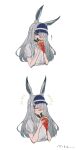  1girl :t alternate_costume animal_ears arknights blue_headwear blush closed_eyes collared_shirt commentary_request crepe cropped_torso food frostnova_(arknights) grey_eyes grey_hair hair_over_one_eye happy highres kisyaku3 long_hair looking_at_viewer multiple_views rabbit_ears rabbit_girl scar scar_on_face scar_on_nose shirt short_sleeves translated visor_cap white_shirt 