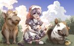  1girl absurdres baku_(creature) black_capelet blue_sky capelet chinese_commentary clouds commentary_request doremy_sweet dress full_body hat highres looking_at_viewer nightcap outdoors pom_pom_(clothes) purple_hair pzgr.40 red_headwear short_hair sky tail tapir tapir_tail touhou violet_eyes white_dress 