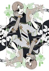  2boys beard_stubble black_pants black_scarf brown_hair c2_v card card_(medium) club_(shape) conner_(cytus) curtained_hair cytus cytus_ii eyepatch facial_hair feathers head_rest highres holding holding_paper jack_(playing_card) jack_of_clubs_(playing_card) leaf mechanical_arms multiple_boys mustache_stubble pants paper playing_card playing_card_(medium) rotational_symmetry scarf short_sleeves single_mechanical_arm stubble upside-down white_background yellow_eyes 