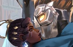  1boy 1girl alternate_costume bare_shoulders bare_tree blurry blurry_background body_markings branch brown_hair close-up collarbone commission couple daniju dark-skinned_female dark_skin detached_sleeves dress english_commentary glowing hair_slicked_back heavy_breathing hetero highres humanoid_robot imminent_kiss league_of_legends leaning_on_person light_particles long_sleeves machine_herald_viktor mask mel_(league) muscular muscular_male notice_lines official_alternate_costume outdoors purple_dress robot shade snow standing stuck sweatdrop thigh-highs tiara tree upper_body very_dark_skin viktor_(league) 