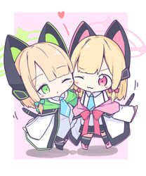  2girls absurdres animal_ear_fluff black_skirt black_thighhighs blonde_hair blue_archive blue_necktie blush bow cat_tail collared_shirt full_body green_bow green_eyes green_halo hair_bow halo heart highres jacket jam_(jamjam777) midori_(blue_archive) momoi_(blue_archive) multiple_girls necktie one_eye_closed parted_lips pink_halo pleated_skirt red_bow red_eyes shirt short_hair siblings sisters skirt tail thigh-highs twins two-sided_fabric two-sided_jacket white_jacket white_shirt 