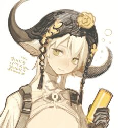  1girl animal_ears arknights beer_can blonde_hair brown_gloves brown_shirt can cow_ears cow_girl cow_horns dated drink_can flower flower_on_head gloves highres holding holding_can horns kmgmr3 light_smile long_hair official_alternate_costume one-hour_drawing_challenge pallas_(a_drip_of_orea_and_potamous)_(arknights) pallas_(arknights) shirt solo twitter_username veil white_background yellow_eyes 