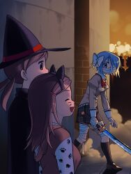  3girls absurdres animal_costume bandage_over_one_eye bandaged_arm bandaged_leg bandages black_skirt black_socks blue_eyes blue_hair bow cat_costume gloamy halloween hat highres holding holding_sword holding_weapon kneehighs loafers mahou_shoujo_madoka_magica mahou_shoujo_madoka_magica:_walpurgis_no_kaiten mahou_shoujo_madoka_magica_(anime) miki_sayaka mitakihara_school_uniform multiple_girls plaid_clothes plaid_skirt red_bow school_uniform shoes skirt socks sword weapon witch witch_hat 