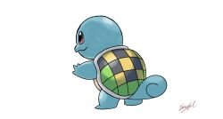  absurdres artist_name blue_skin colored_skin from_behind harry_gold highres no_humans pink_eyes pokemon pokemon_red/green/blue/yellow pun signature simple_background solo squirtle sugimori_ken_(style) turtle turtle_shell white_background wordle 