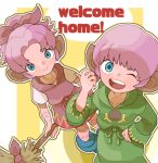  1boy 1girl ;d blue_eyes body_markings broom brother_and_sister bud_(lom) closed_mouth dress green_robe hair_intakes hair_ribbon holding holding_broom legend_of_mana lisa_(lom) long_sleeves one_eye_closed purple_dress purple_hair purple_ribbon ribbon robe seiken_densetsu short_hair short_sleeves siblings sicky_(pit-bull) smile teeth upper_teeth_only 