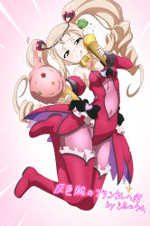 1girl blonde_hair blush boots breasts closed_mouth covered_navel drill_hair food girls_und_panzer green_eyes heart_collar highres ice_cream ice_cream_cone key_(gaigaigai123) leotard long_hair looking_at_viewer magical_girl marie_(girls_und_panzer) monkey_ears pink_background pink_leotard pink_thighhighs simple_background small_breasts smile solo thigh-highs thigh_boots tongue tongue_out twin_drills twintails