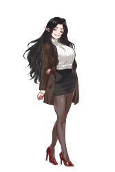  1girl arms_behind_back black_hair black_skirt blazer breasts brown_jacket commission commissioner_upload grey_nagato head_tilt heart high_heels highres jacket large_breasts liliara_(senkoin) long_hair long_legs looking_to_the_side miniskirt non-web_source open_clothes open_jacket original pantyhose pencil_skirt pointy_ears red_eyes red_shoes ribbed_sweater shoes skirt smile solo solo_focus sweater tail transparent_background turtleneck turtleneck_sweater wavy_hair white_sweater 