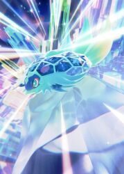  3d animal_focus aqua_eyes bright_pupils commentary crystal english_commentary full_body glowing kassen_inc. no_humans official_art pokemon pokemon_(creature) pokemon_focus pokemon_tcg pokemon_tcg_pocket solo sparkle star-shaped_pupils star_(symbol) symbol-shaped_pupils terapagos terapagos_(terastal) third-party_source white_pupils 