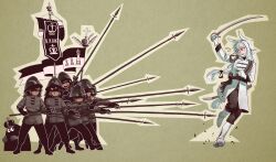  1boy 6+girls absurdres banner battle_standard black_hair board_game chess chess_piece coat combat_helmet coop_soggy cross crown faux_traditional_media fighting flying_sweatdrops hair_over_eyes helmet highres holding holding_banner holding_polearm holding_weapon horse_girl king_(chess) knight_(chess) military_uniform multiple_girls original overcoat pawn_(chess) polearm saber_(weapon) sharp_teeth spear sword teeth war_banner weapon white_hair 