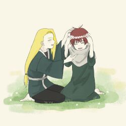  2boys asymmetrical_bangs barefoot black_pants blonde_hair blush child deidara_(naruto) fishnet_top fishnets flower green_kimono happy head_wreath highres implied_yaoi japanese_clothes kimono laughing low_ponytail male_focus multiple_boys naruto_(series) naruto_shippuuden open_mouth pants ponytail red_hair robe sasori_(naruto) scarf short_hair situ17 