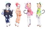  4girls 525_woiwo absurdres alternate_costume animal_ear_headphones animal_ears aris_(blue_archive) arm_up black_hair black_headphones black_kimono blonde_hair blue_archive blue_eyes bow cat_tail closed_mouth fake_animal_ears floral_print_kimono forehead full_body fur-trimmed_kimono fur_trim game_development_department_(blue_archive) green_eyes green_halo green_kimono grey_eyes hair_between_eyes hair_bow hair_bun halo headphones highres japanese_clothes kimono long_bangs long_sleeves looking_at_viewer midori_(blue_archive) momoi_(blue_archive) multiple_girls open_mouth orange_kimono pink_halo pink_kimono red_eyes redhead short_hair siblings simple_background single_hair_bun sisters smile standing tabi tail thigh-highs twins white_background white_bow white_thighhighs wide_sleeves yellow_halo yuzu_(blue_archive) zouri 
