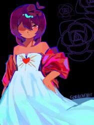  1other antenna_hair bare_shoulders black_background brown_hair commentary deltarune dress english_commentary flower hand_on_own_hip heart heart_print highres kris_(deltarune) looking_at_viewer novandezyshax one_eye_in_shadow partially_shaded_face red_eyes red_shawl rose shawl shoulder_blush signature strapless strapless_dress utdr_(toby_fox) white_dress 