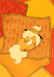  alternate_color animal_focus blanket closed_eyes closed_mouth flareon fluffy flyingrotten full_body highres lying neck_fur no_humans on_back orange_background orange_fur pawpads pokemon pokemon_(creature) pokemon_focus shiny_pokemon simple_background solo yellow_fur 