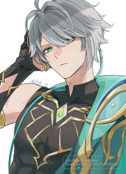  1boy abs alhaitham_(genshin_impact) antenna_hair aqua_cape aqua_eyes aqua_hair armlet artist_name black_bridal_gauntlets black_shirt bridal_gauntlets bright_pupils cable cape commentary_request earpiece gem genshin_impact gold_armlet gold_ring green_gem grey_hair hair_between_eyes hand_on_own_head hand_up highres jewelry male_focus mandarin_collar multicolored_hair muscular muscular_male pectorals pendant shirt short_hair simple_background single_bare_shoulder skg_g sleeveless sleeveless_shirt solo streaked_hair upper_body watermark white_background white_pupils 