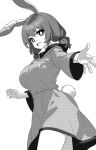  1girl :d adapted_costume animal_ears breasts cowboy_shot from_below greyscale hands_up large_breasts long_sleeves looking_at_viewer monochrome onkn_sxkn open_mouth outstretched_arm rabbit_ears rabbit_girl rabbit_tail seiran_(touhou) simple_background smile solo standing tail teeth thighs touhou twintails upper_teeth_only white_background 