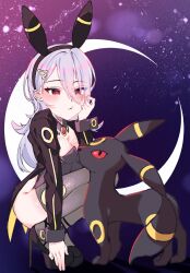  1girl 7o0o_o0o crescent hair_ornament hairclip hand_on_own_cheek hand_on_own_face high_heels highres long_hair moon ongeki pokemon pokemon_(creature) pout red_eyes squatting sumeragi_setsuna thigh-highs thighs umbreon white_hair 