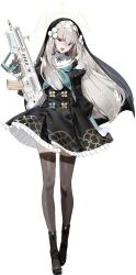  1girl assault_rifle black_boots black_dress black_gloves black_thighhighs black_veil blue_archive blue_neckerchief boots breasts bullpup crab_d cross_halo crossed_bangs dress empty_eyes frills full_body game_asset gloves grey_hair gun hair_between_eyes halo head_tilt highres holding holding_gun holding_weapon iwi_tavor large_breasts long_hair long_sleeves looking_at_viewer neckerchief nun nun_headdress official_art open_mouth puffy_sleeves rifle sakurako_(blue_archive) shaded_face simple_background solo sparkle standing tachi-e teeth thigh-highs third-party_source transparent_background trinity_general_school_logo veil very_long_hair weapon yellow_halo 