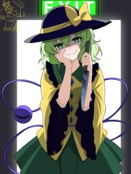  1girl aurora_(wdc1234555) black_hat bow buttons closed_mouth collared_shirt commentary diamond_button disembodied_linked_eye exit_sign eyeball frilled_shirt_collar frilled_sleeves frills green_eyes green_hair green_skirt hand_on_own_cheek hand_on_own_face hat hat_bow heart heart-shaped_pupils highres holding holding_knife knife komeiji_koishi long_sleeves looking_at_viewer reverse_grip shirt skirt smile solo symbol-shaped_pupils touhou wide_sleeves yellow_bow yellow_shirt 