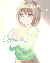  1other 2022 2d ambiguous_gender androgynous brown_background brown_hair brown_pants chara_(undertale) digital_media flower flower_wreath head_wreath highres holding holding_flower human korothin2 light_smile long_sleeves multicolored_background neck_wreath other_focus pale_color pants petals pink_flower red_eyes short_hair simple_background sketch solo split_mouth sweater undertale upper_body utdr_(toby_fox) white_background wreath yellow_background yellow_flower yellow_petals 