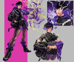 absurdres black_footwear black_sports_bra bob_cut collar fighting_game fog highres jacket joecanvas low_tier_god martial_arts namco non-web_source purple_hair reina_(tekken) short_hair shorts sports_bra sweat sweaty_clothes tekken tekken_8 tomboy