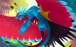  animal_focus claws commentary dragon english_commentary leaf nakamura_takeshi no_humans official_art open_mouth outdoors pokemon pokemon_(creature) pokemon_focus pokemon_tcg pokemon_tcg_pocket roaring_moon sharp_teeth solo teeth third-party_source tree 
