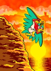  black_sclera claws clouds colored_sclera commentary english_commentary full_body golden_hour hawlucha midair motion_lines negishi_shigenori official_art open_mouth orange_sky outdoors outline pokemon pokemon_(creature) pokemon_focus pokemon_tcg pokemon_tcg_pocket sky solo sun third-party_source water yellow_eyes yellow_outline 