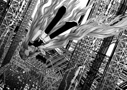  1girl absurdly_long_hair boots closed_eyes closed_mouth commentary floating greyscale industrial industrial_pipe long_hair monochrome neckerchief oono_yasuyuki original sailor_collar shirt short_sleeves shorts solo thigh_boots truss very_long_hair 