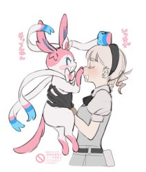  1girl :d agenasumiso51 black_bow black_bowtie black_gloves black_hairband blush_stickers bow bowtie closed_eyes earrings fang gloves hairband holding holding_pokemon jewelry looking_at_another open_mouth pink_fur pokemon pokemon_(creature) puffy_short_sleeves puffy_sleeves ribbon shirt short_sleeves simple_background single_blush_sticker skin_fang smile standing sylveon twintails two-tone_fur upper_body white_background white_fur white_shirt 