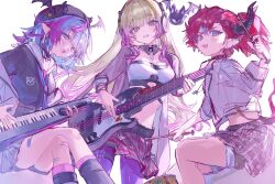  3girls adahime_(shadowverse) ankle_boots bandaid bandaid_on_leg bass_guitar bat_wings beret black_hat blonde_hair blue_eyes blue_hair boots bracelet breasts choker commentary_request crop_top demon_girl demon_horns demon_wings drum drumsticks ear_piercing fur-trimmed_shorts fur_trim grey_jacket hat head_wings headphones highres holding holding_bass_guitar holding_drumsticks holding_instrument holding_plectrum horns instrument jacket jewelry keytar long_hair looking_at_another looking_at_viewer lulumi_(shadowverse) medium_breasts miniskirt multicolored_hair multiple_girls navel open_clothes open_jacket open_mouth pantyhose piercing pink_hair pleated_skirt plectrum pointy_ears purple_pantyhose raz_(shadowverse) red_hair red_pupils round_eyewear sailor_collar sailor_shirt shadowverse shadowverse:_worlds_beyond shirt short_hair shorts skirt smile spiked_choker spikes swept_bangs two-tone_hair uni_pomupomu white_background wings 
