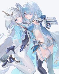  2girls aqua_cape aqua_jacket armor black_gloves blue_cape blue_eyes blue_hair blue_jacket bodysuit breasts cape card clothing_cutout commentary_request dreizehn_(shadowverse) dual_wielding eudie_(shadowverse) gloves gun hair_between_eyes hairband high_heel_bodysuit highres holding holding_gun holding_weapon hood hooded_cape jacket long_hair long_sleeves looking_at_viewer medium_breasts medium_hair multiple_girls open_clothes open_jacket open_mouth shadowverse shadowverse:_worlds_beyond shoulder_armor side_cutout simple_background small_breasts smile two-sided_cape two-sided_fabric uni_pomupomu very_long_hair weapon white_background white_bodysuit white_gloves white_hair 