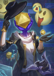  1girl absurdres asat_pramad black_gloves black_hat black_jacket commentary_request dice emoji gloves hat highres holding holding_dice holding_unworn_clothes holding_unworn_hat honkai:_star_rail honkai_(series) icosahedron isome jacket object_head open_clothes open_jacket stelle_(honkai:_star_rail) tongue trailblazer_(honkai:_star_rail) unworn_hat unworn_headwear 