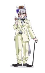  1girl absurdres agay1996 animal_ears belt black_belt black_bow black_shoes blue_ribbon bow cane colonel_sanders colonel_sanders_(cosplay) cosplay fez_hat full_body gold_ship_(umamusume) grey_hair hat highres holding holding_cane holding_ice_cream_cone holding_tissue horse_ears horse_girl horse_tail ice_cream_cone kfc pants ribbon shoes simple_background smile solo standing suit tail tissue umamusume yellow_pants yellow_suit 