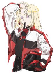  1girl bang_dream! bang_dream!_it's_mygo!!!!! black_shirt blonde_hair commentary english_commentary glove_in_mouth gloves helmet highres holding holding_unworn_helmet jacket medium_hair misumi_uika mouth_hold omo_cccc open_clothes open_jacket shirt simple_background solo unworn_headwear unworn_helmet violet_eyes white_background 