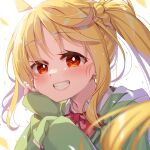  1girl ahoge blonde_hair blurry blush bocchi_the_rock! bow chika_(06chimika13) close-up commentary depth_of_field eyelashes eyes_visible_through_hair floating_hair green_hoodie grin hair_between_eyes happy hood hood_down hoodie ijichi_nijika lips long_hair looking_at_viewer polka_dot polka_dot_bow red_bow red_eyes side_ponytail sidelocks simple_background sleeves_past_wrists smile solo very_long_hair white_background 