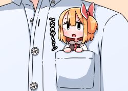  1girl 1other black_vest blonde_hair bow collared_shirt commentary_request hair_bow long_sleeves medium_hair mini_person mini_person_in_pocket minigirl necktie open_mouth red_bow red_necktie roco_(katsuya1011) rumia shirt touhou translation_request vest white_shirt 