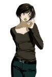  1girl arm_behind_back black_hair black_pants brown_eyes candy collarbone cowboy_shot doodles fingernails food highres holding holding_candy holding_food holding_lollipop kimura_731 lollipop long_sleeves looking_to_the_side original pants short_hair simple_background solo white_background 