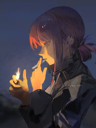  1girl absurdres black_jacket blurry blurry_background cigarette commentary ear_piercing earrings from_side highres holding holding_cigarette holding_lighter jacket jewelry leather leather_jacket lighter low-tied_medium_hair piercing red_eyes red_hair shenwanjia short_hair simple_background smoking solo super_no_ura_de_yani_suu_futari tayama_(super_no_ura_de_yani_suu_futari) twitter_username upper_body 