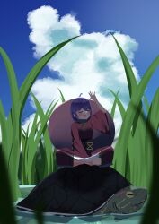  1girl absurdres barefoot blue_sky blush bowl bowl_hat closed_eyes clouds commentary_request day facing_viewer gasubanana grass hat highres japanese_clothes kimono long_sleeves mini_person minigirl obi open_mouth outdoors purple_hair red_kimono riding riding_animal sash short_hair sitting sky smile solo sukuna_shinmyoumaru toes touhou turtle water wide_sleeves 