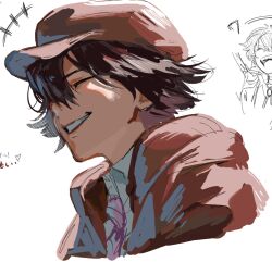  +++ 1boy brown_capelet brown_hat bungou_stray_dogs capelet closed_eyes commentary_request edogawa_ranpo_(bungou_stray_dogs) grin hat male_focus necktie newsboy_cap portrait profile purple_necktie shirt short_hair smile solo uji_kintoki-kun white_background white_shirt 