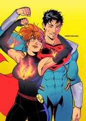  1boy 1girl artist_name bodysuit cape cleavage_cutout clothing_cutout dc_comics fire highres looking_at_another marcodalmoo multicolored_bodysuit ponytail red_cape red_hair signature superboy-prime superhero_costume superman_(series) superman_logo taut_bodysuit taut_clothes tight_clothes twitter_username two-tone_bodysuit witchfire_(dc_comics) 