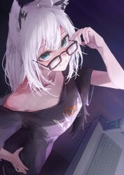  1girl absurdres adjusting_eyewear ahoge animal_ear_fluff animal_ears black_shirt blue_eyes commentary computer_keyboard fox_ears fox_girl from_above glasses hand_on_eyewear hand_on_own_hip highres hololive long_hair looking_at_viewer monster_energy off_shoulder oversized_clothes oversized_shirt shirakami_fubuki shirt smile solo untranslatable_commentary virtual_youtuber white_hair yagi0illust 