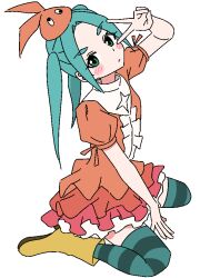  1girl aqua_eyes aqua_hair aqua_thighhighs arm_up between_legs blush_stickers boots center_frills dress expressionless frilled_dress frills full_body googly_eyes hand_between_own_legs hand_on_ground hat layered_dress looking_at_viewer monogatari_(series) ononoki_yotsugi orange_dress orange_hat puffy_short_sleeves puffy_sleeves rubber_boots short_sleeves simple_background sitting solo striped_clothes striped_thighhighs thigh-highs unenemiko v wariza white_background yellow_boots 