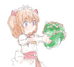  1girl back_bow bow closed_mouth collared_shirt commentary_request dot_mouth dress food hair_bow holding holding_food lettuce medium_hair motsuni_(artist) orange_hair red_bow red_sash sash shirt short_sleeves sketch solo sunny_milk touhou two_side_up violet_eyes white_background white_bow white_dress white_headdress 