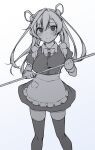  1girl abukuma_(kancolle) alternate_costume apron bow bowtie double_bun dress enmaided feet_out_of_frame hair_bun hair_rings kantai_collection long_hair looking_at_viewer maid monochrome smile solo standing stick thigh-highs twintails yuki_to_hana 